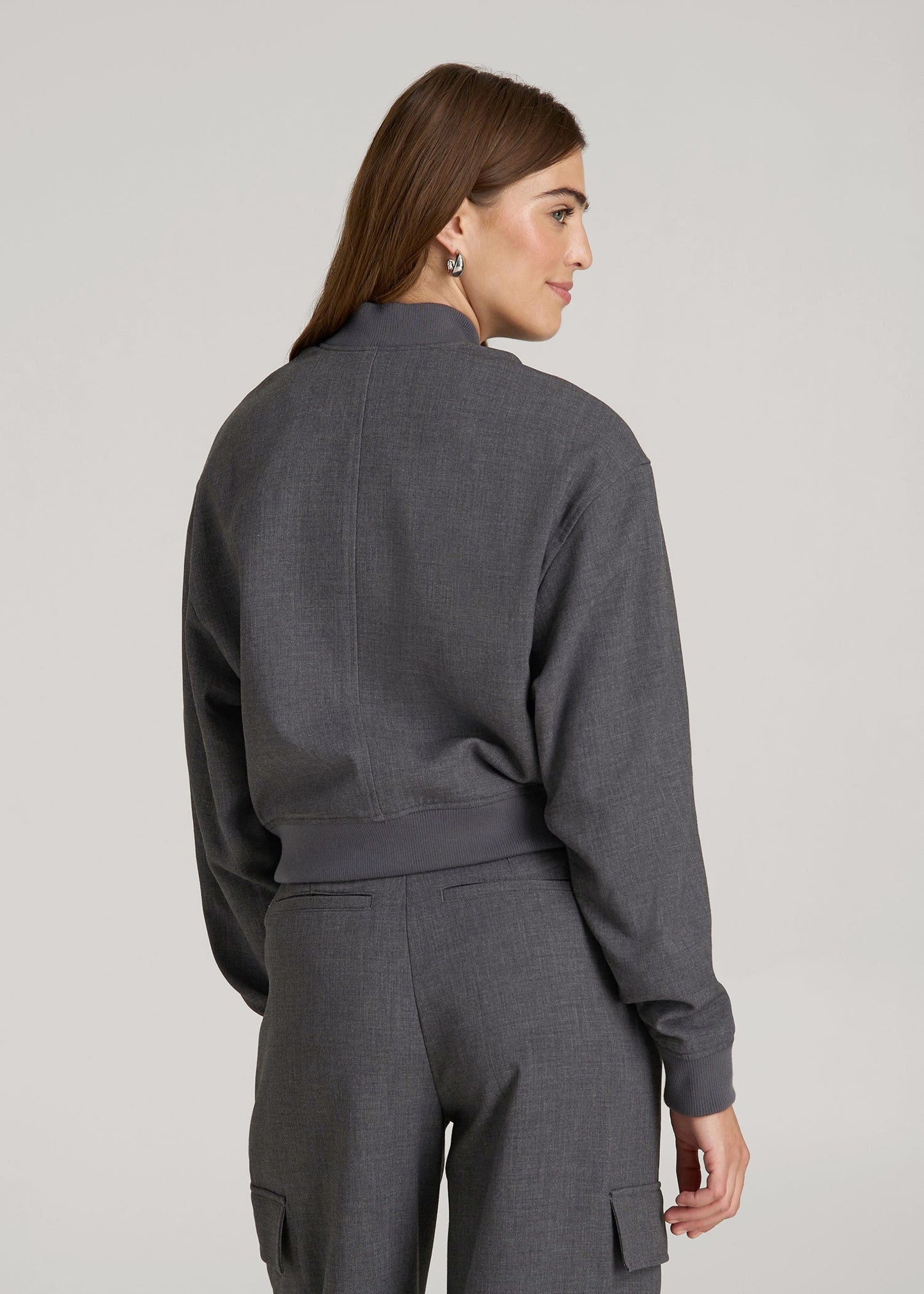 American Tall Women|Men Cropped Bomber Jacket for Tall Women in Graphic Charcoal