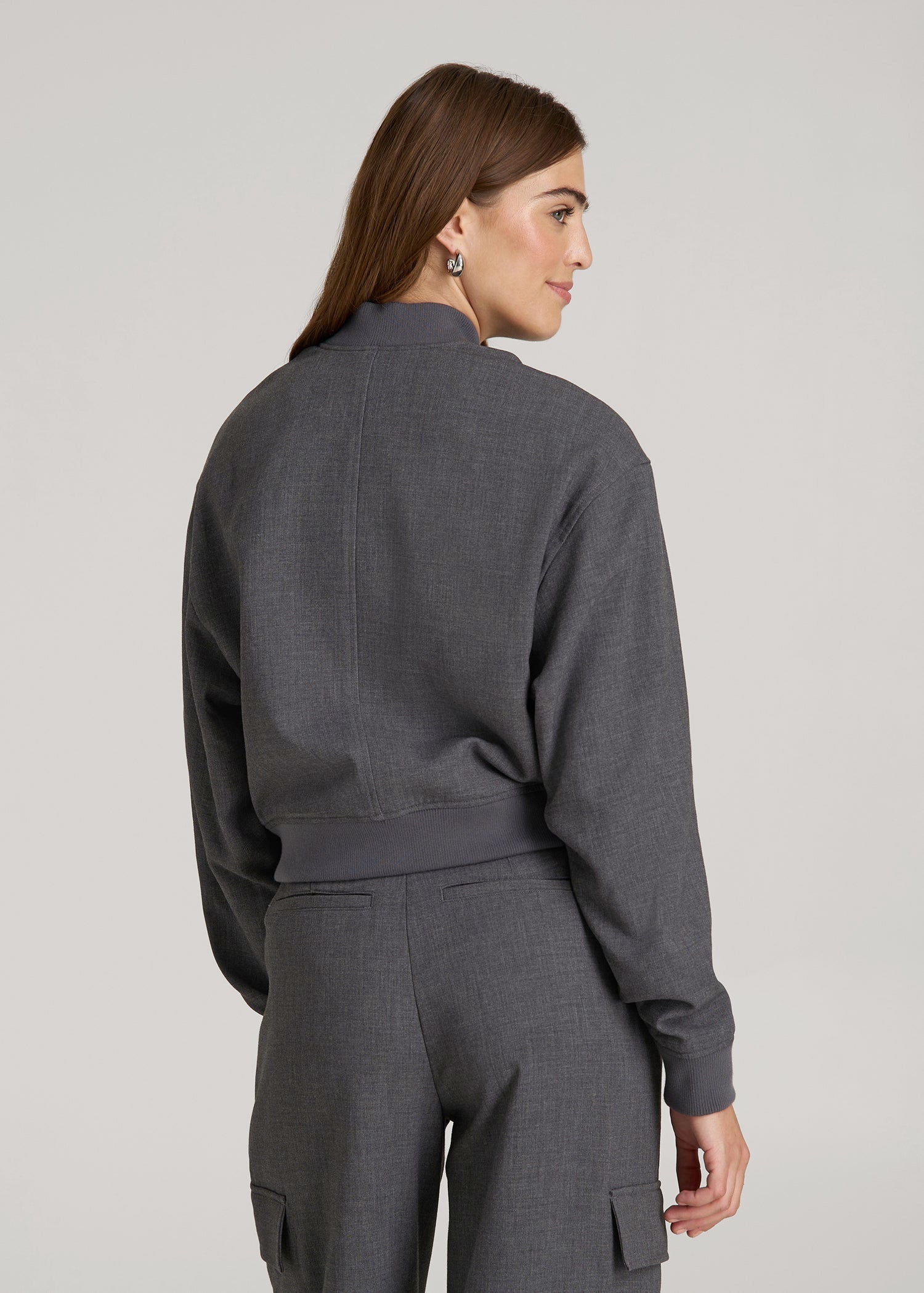 American Tall Women|Men Cropped Bomber Jacket for Tall Women in Graphic Charcoal