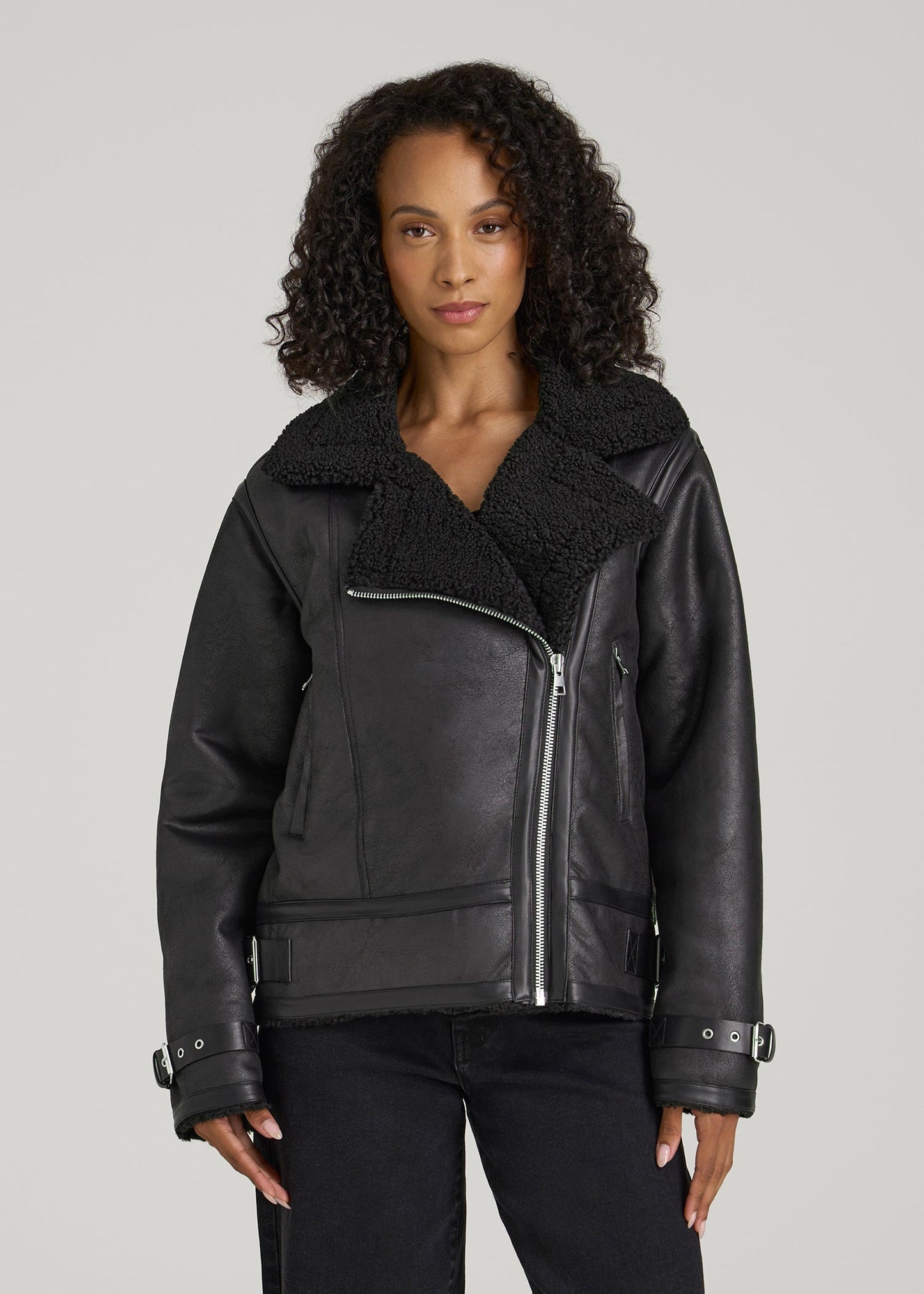 American Tall Women|Men Shearling Moto Jacket for Tall Women in Black