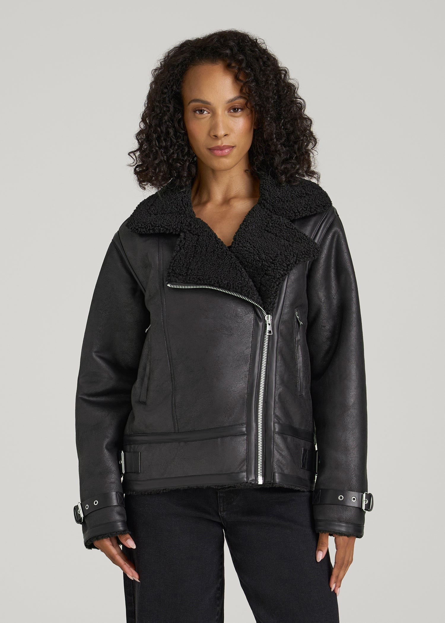 American Tall Women|Men Shearling Moto Jacket for Tall Women in Black