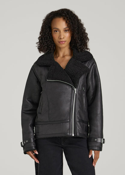 American Tall Women|Men Shearling Moto Jacket for Tall Women in Black