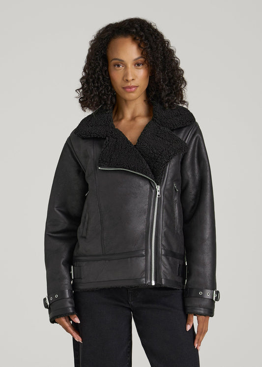 American Tall Women|Men Shearling Moto Jacket for Tall Women in Black