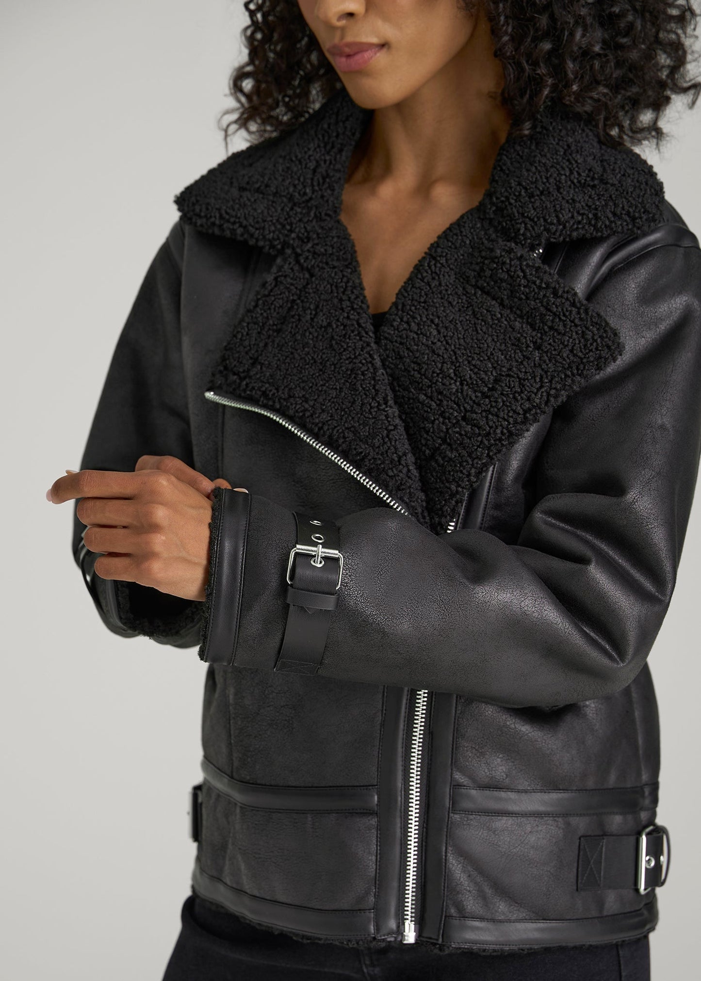 American Tall Women|Men Shearling Moto Jacket for Tall Women in Black