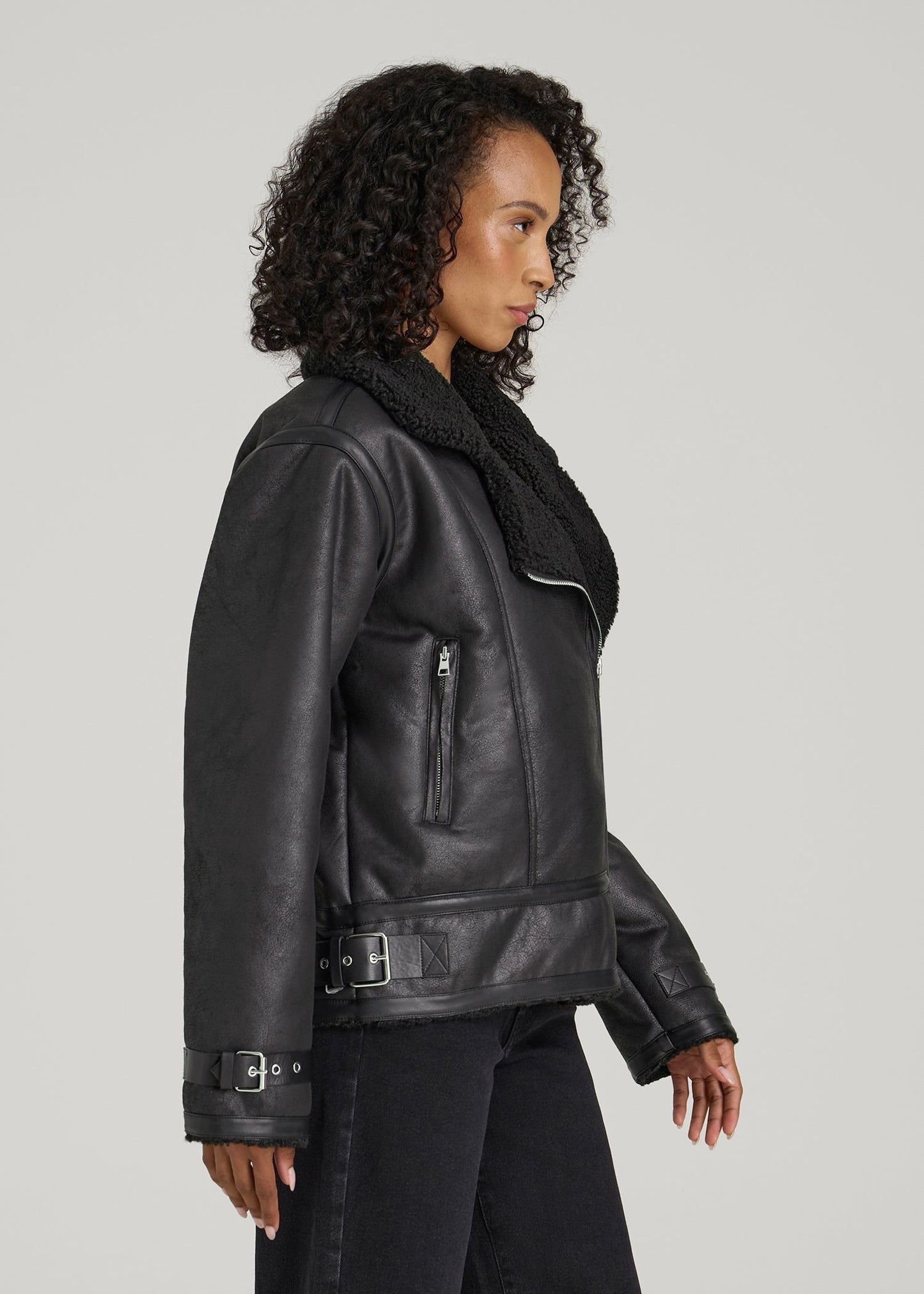 American Tall Women|Men Shearling Moto Jacket for Tall Women in Black