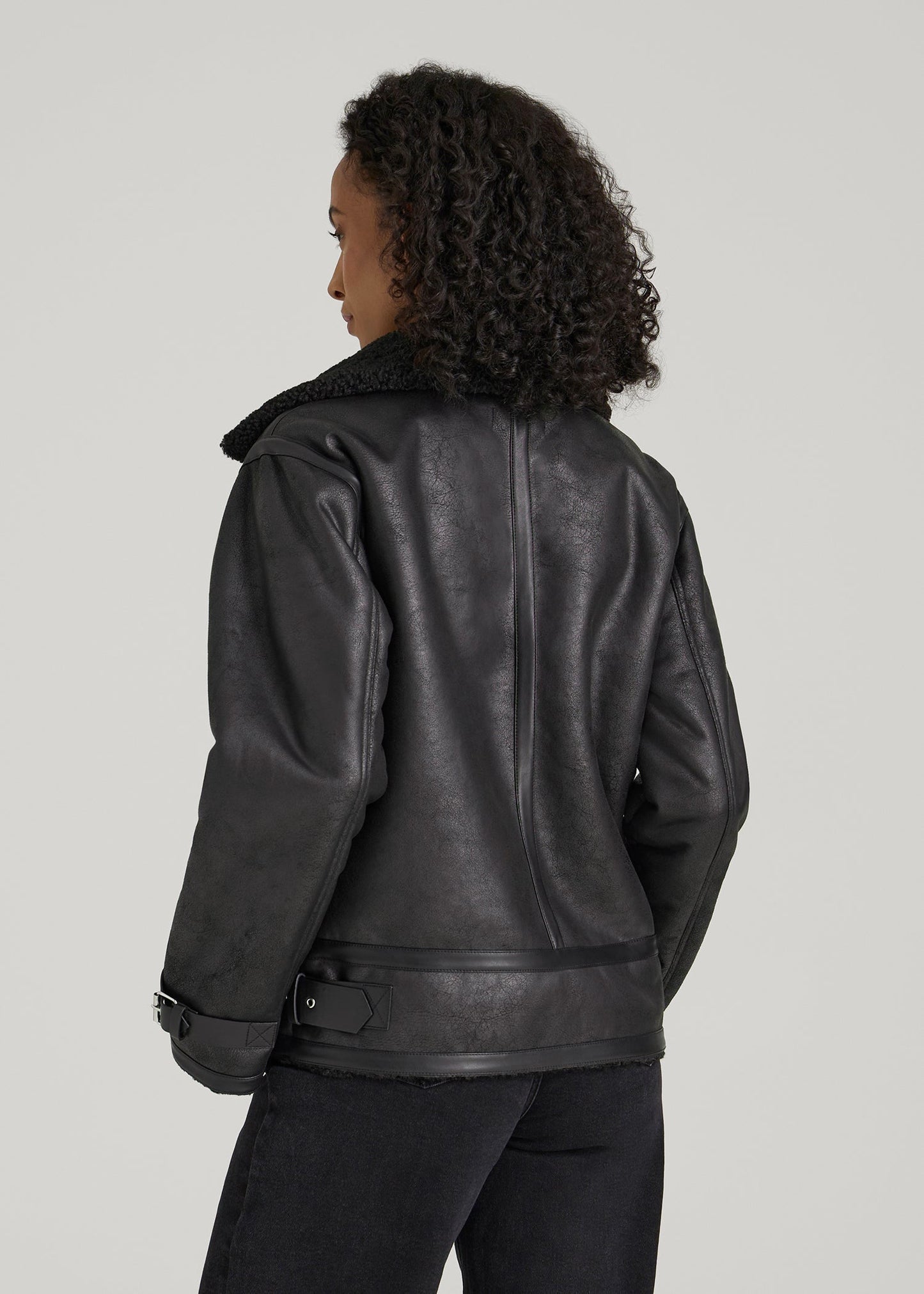 American Tall Women|Men Shearling Moto Jacket for Tall Women in Black