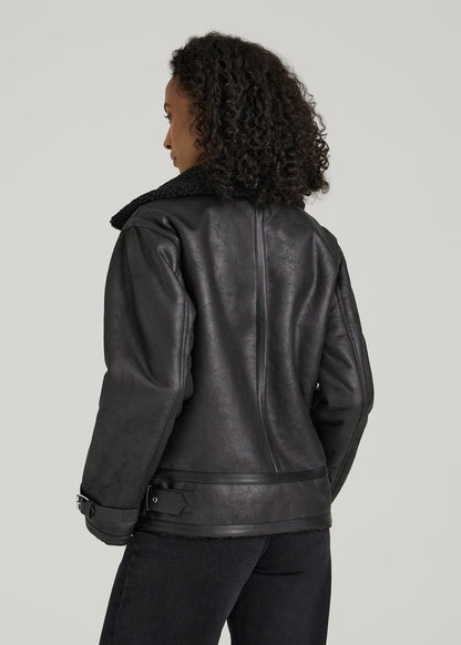 American Tall Women|Men Shearling Moto Jacket for Tall Women in Black