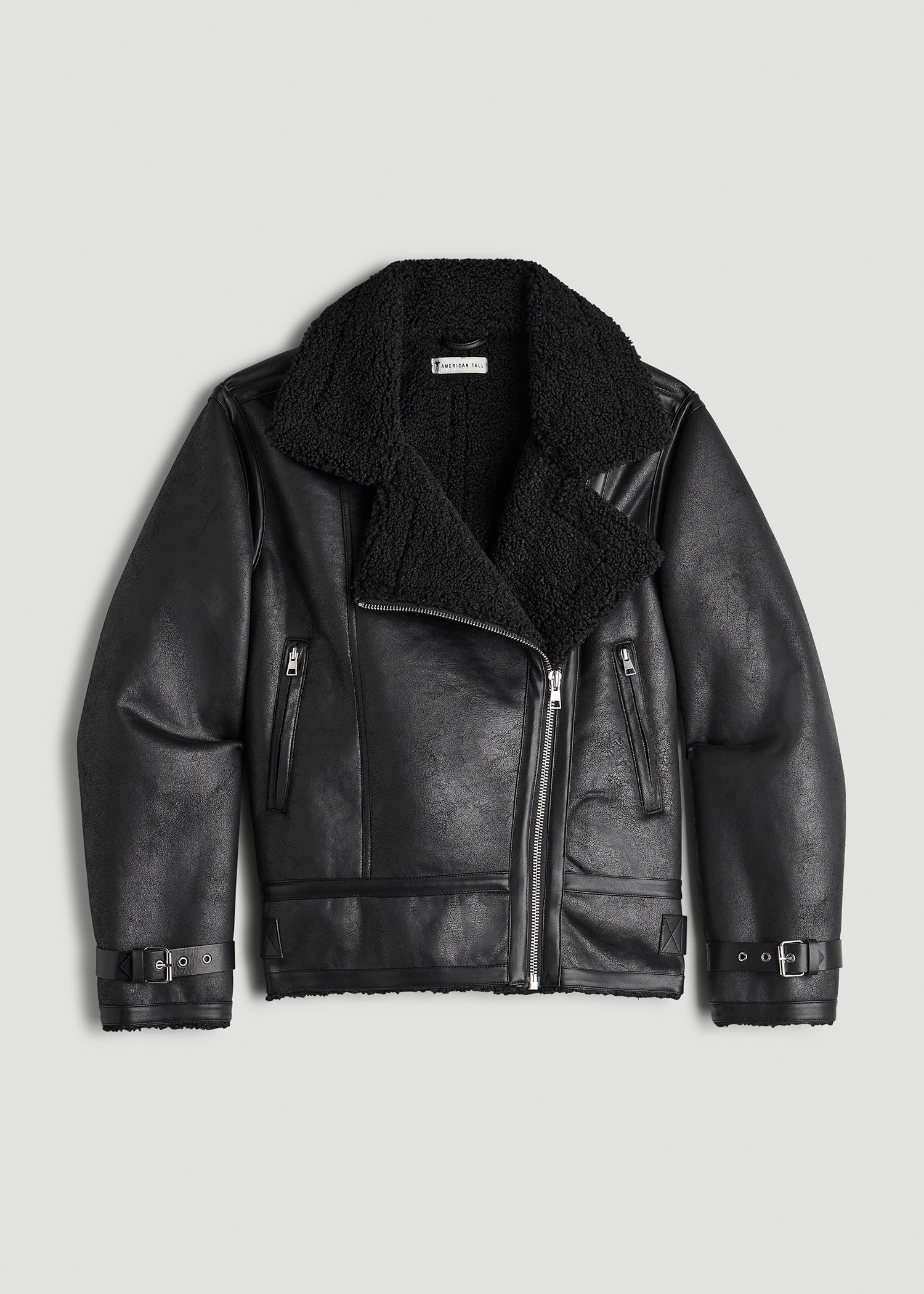 American Tall Women|Men Shearling Moto Jacket for Tall Women in Black