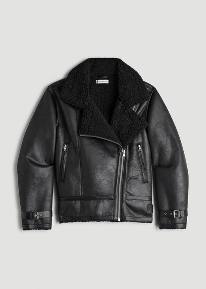 American Tall Women|Men Shearling Moto Jacket for Tall Women in Black