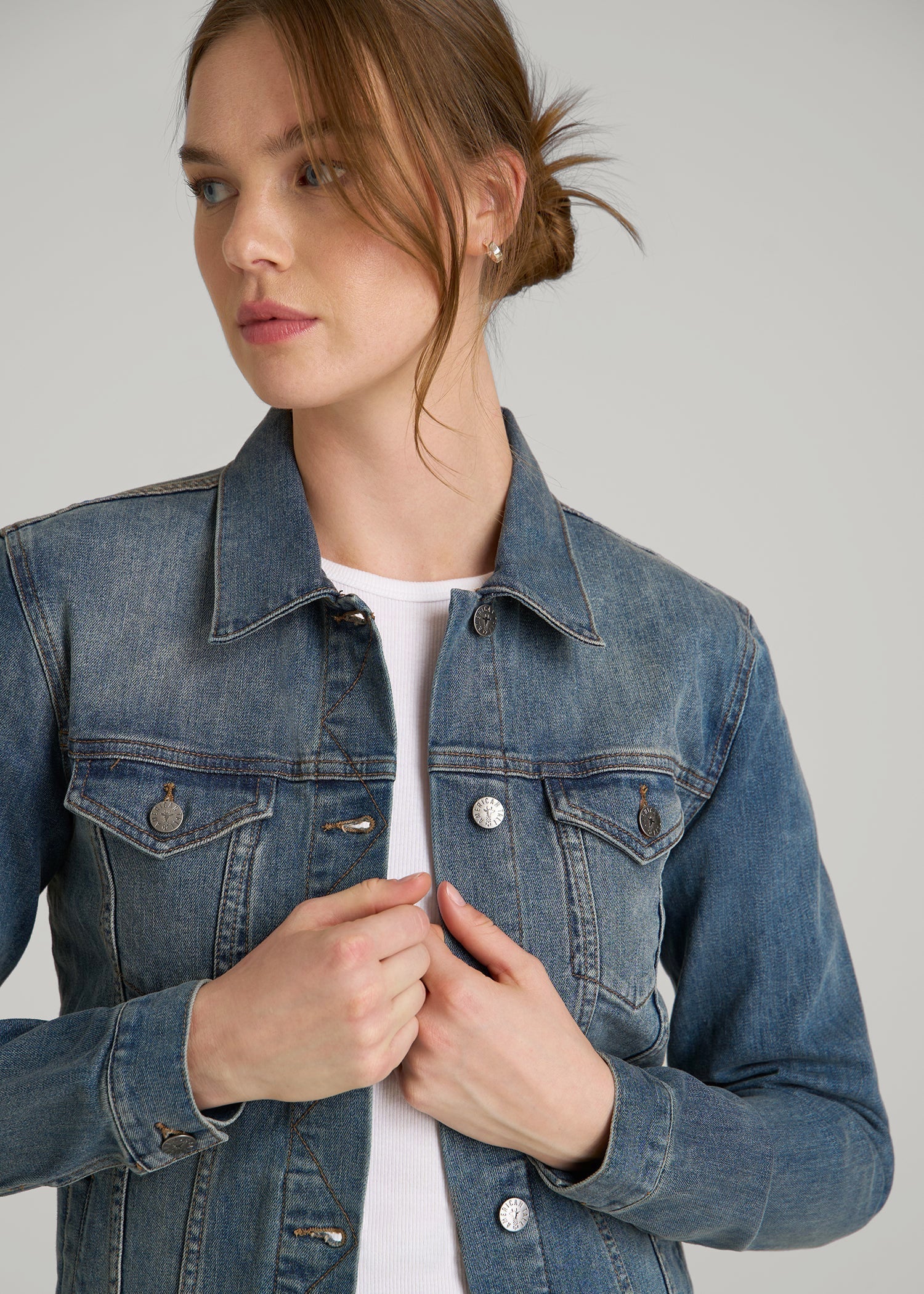 American Tall Women Denim Jacket for Tall Women in Vintage Medium Blue
