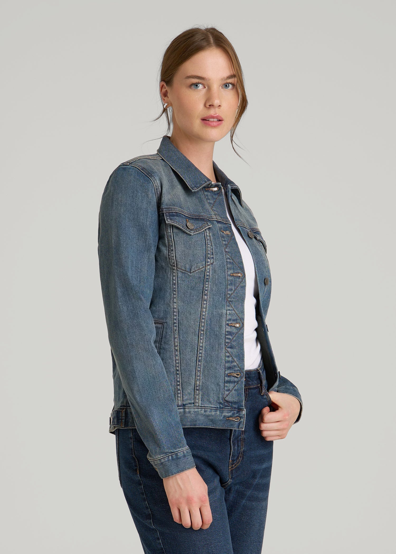 American Tall Women Denim Jacket for Tall Women in Vintage Medium Blue