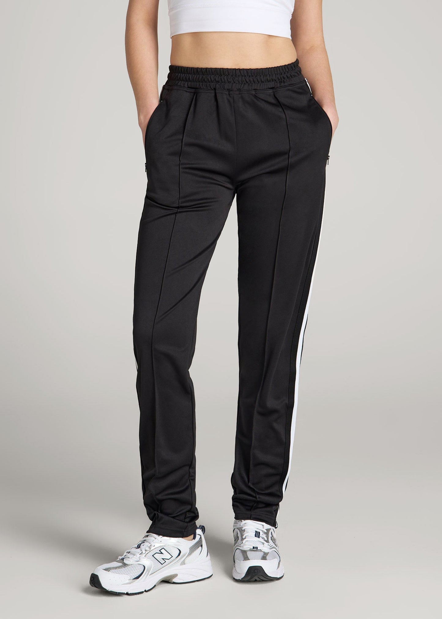 American Tall Women Ultra Lightweight Tricot Athletic Stripe Pants for Tall Women in Black and White