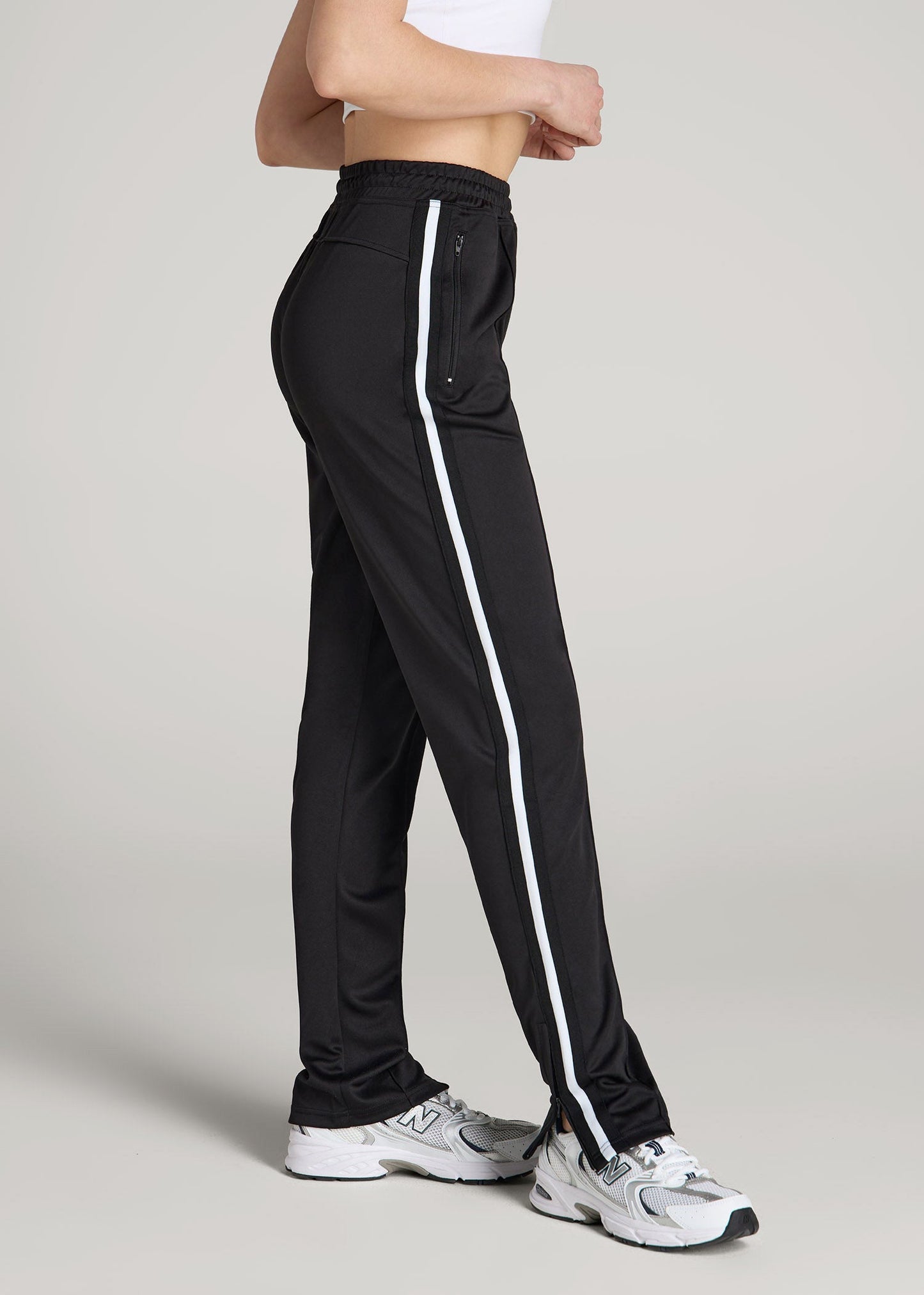 American Tall Women Ultra Lightweight Tricot Athletic Stripe Pants for Tall Women in Black and White