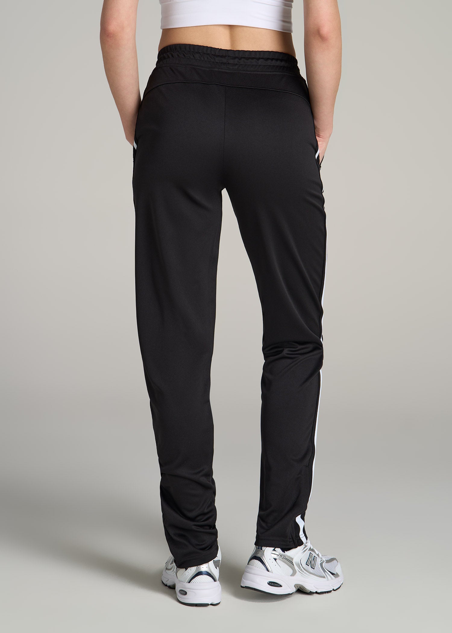 American Tall Women Ultra Lightweight Tricot Athletic Stripe Pants for Tall Women in Black and White