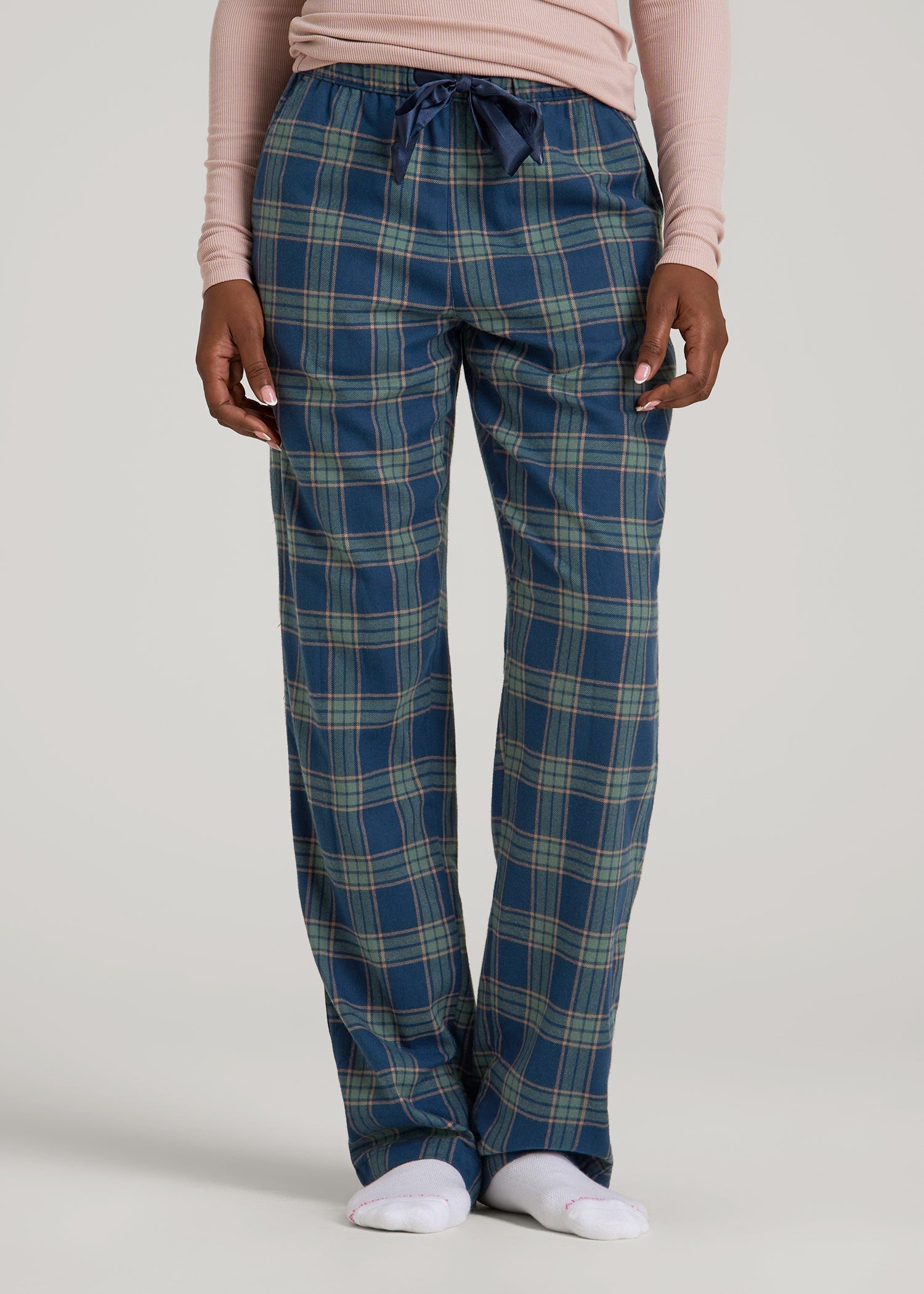 American Tall Women Tie Waist Flannel Pajama Pants for Tall Women in Navy and Balsam Green Plaid