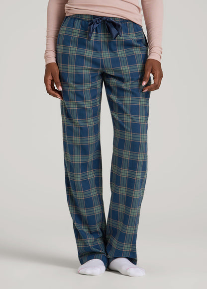 American Tall Women Tie Waist Flannel Pajama Pants for Tall Women in Navy and Balsam Green Plaid