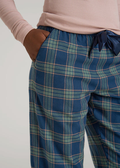 American Tall Women Tie Waist Flannel Pajama Pants for Tall Women in Navy and Balsam Green Plaid