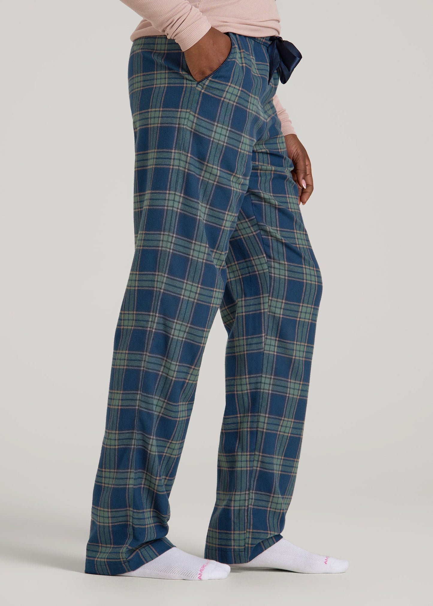 American Tall Women Tie Waist Flannel Pajama Pants for Tall Women in Navy and Balsam Green Plaid