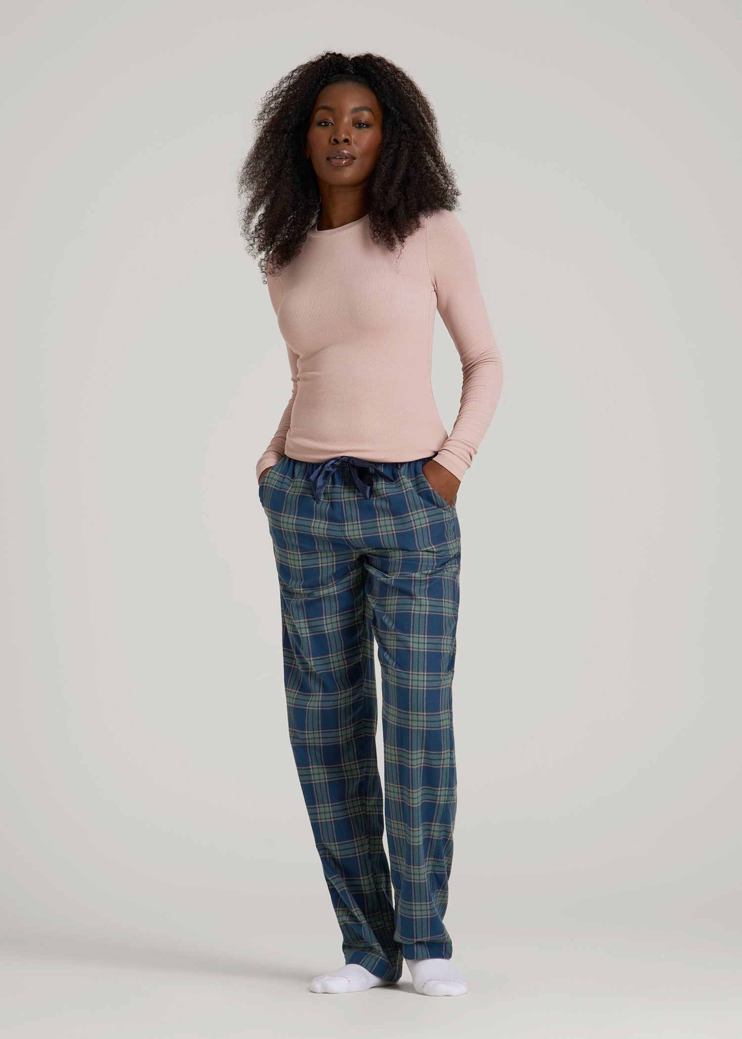 American Tall Women Tie Waist Flannel Pajama Pants for Tall Women in Navy and Balsam Green Plaid