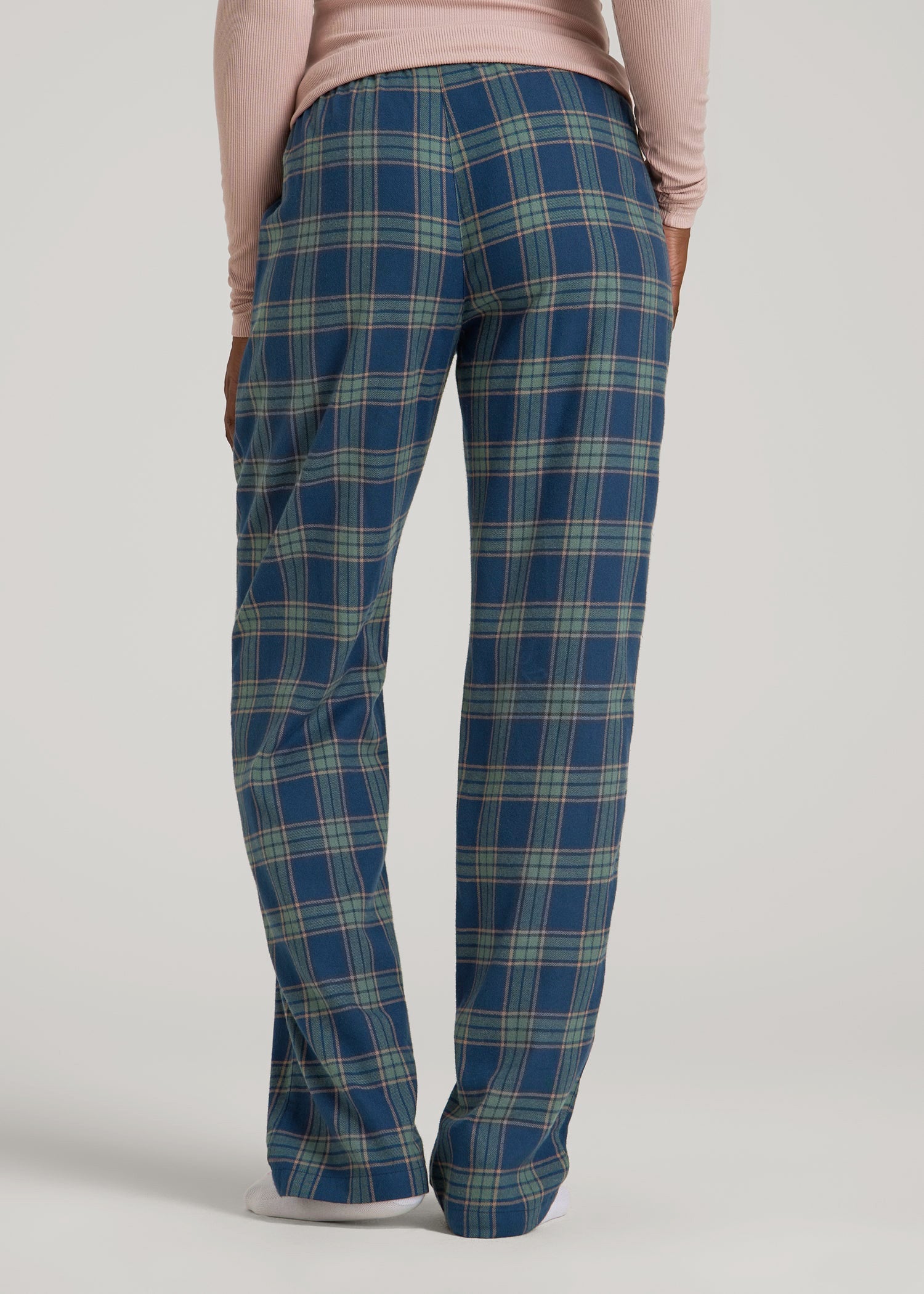 American Tall Women Tie Waist Flannel Pajama Pants for Tall Women in Navy and Balsam Green Plaid