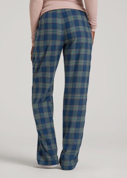 American Tall Women Tie Waist Flannel Pajama Pants for Tall Women in Navy and Balsam Green Plaid