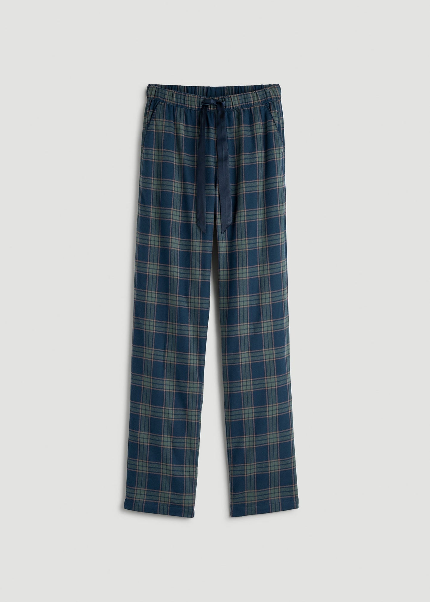 American Tall Women Tie Waist Flannel Pajama Pants for Tall Women in Navy and Balsam Green Plaid