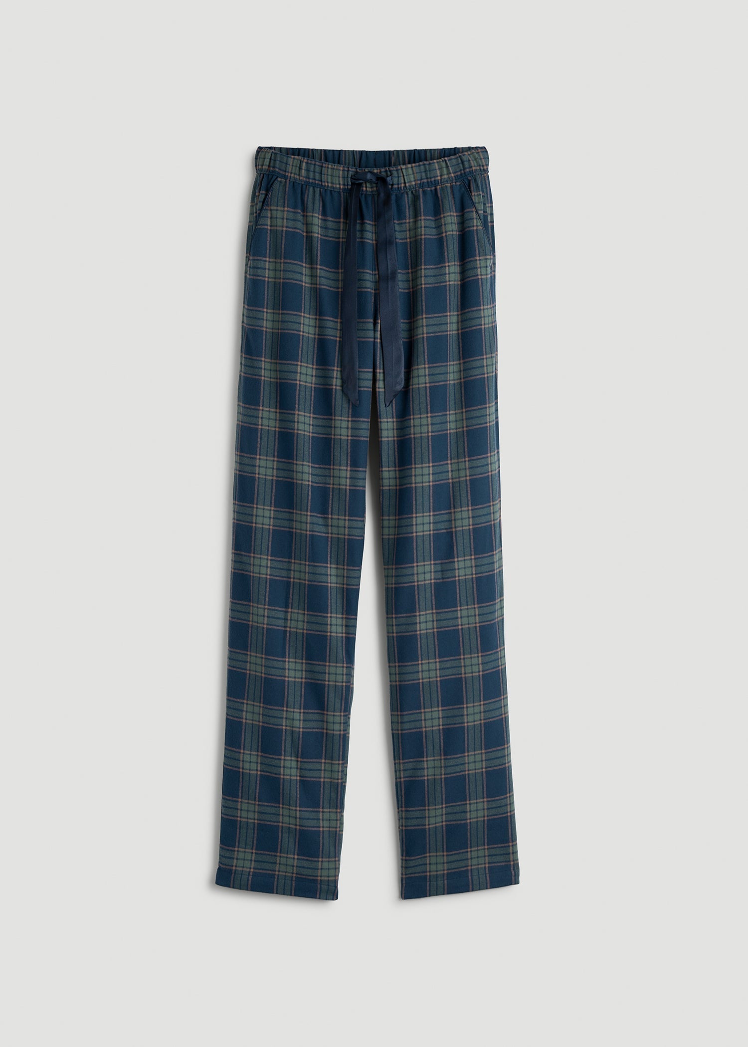 American Tall Women Tie Waist Flannel Pajama Pants for Tall Women in Navy and Balsam Green Plaid