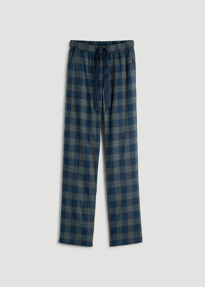 American Tall Women Tie Waist Flannel Pajama Pants for Tall Women in Navy and Balsam Green Plaid