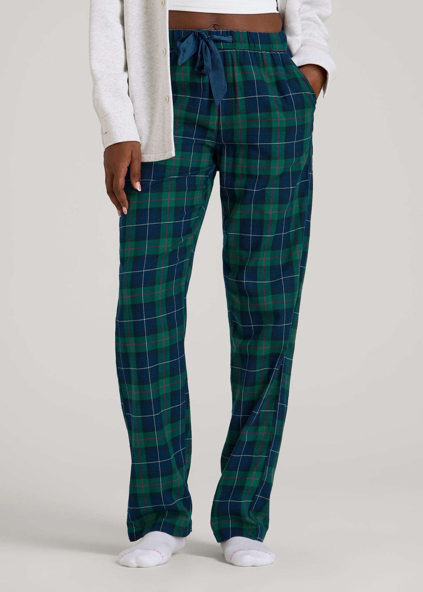 American Tall Women Tie Waist Flannel Pajama Pants for Tall Women in Green and Blue Plaid
