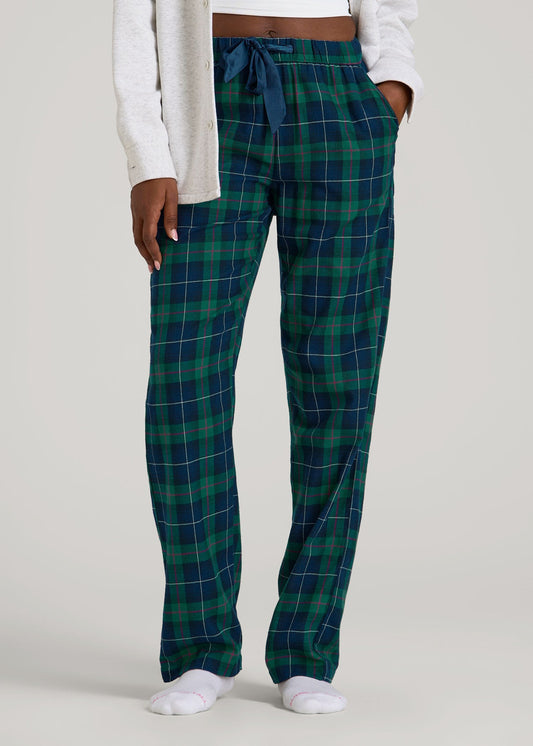 American Tall Women Tie Waist Flannel Pajama Pants for Tall Women in Green and Blue Plaid