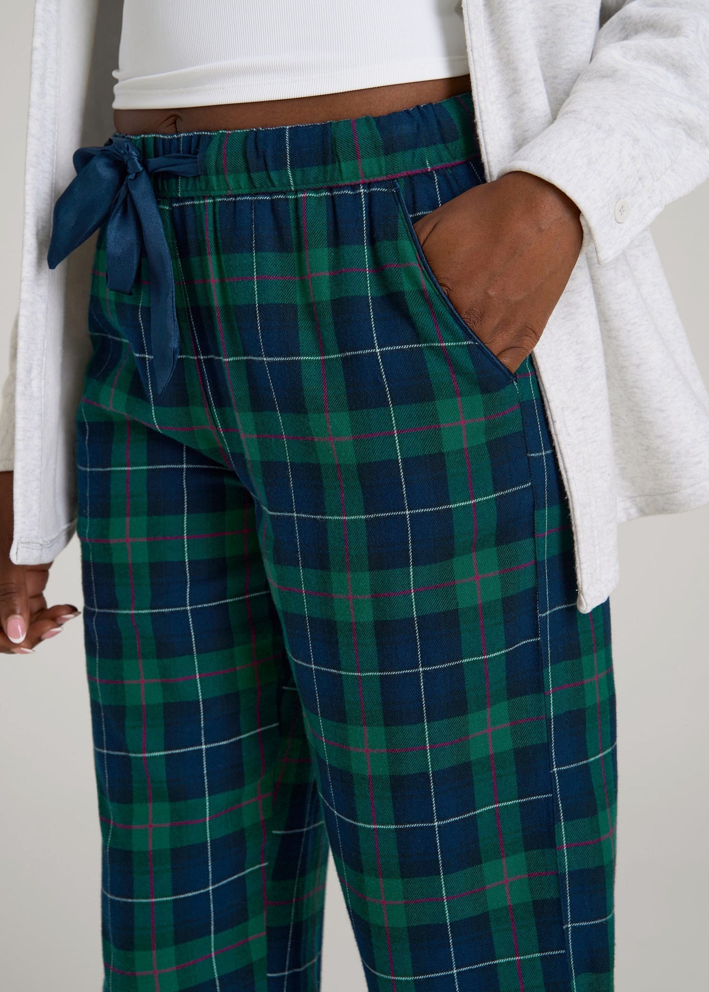 American Tall Women Tie Waist Flannel Pajama Pants for Tall Women in Green and Blue Plaid