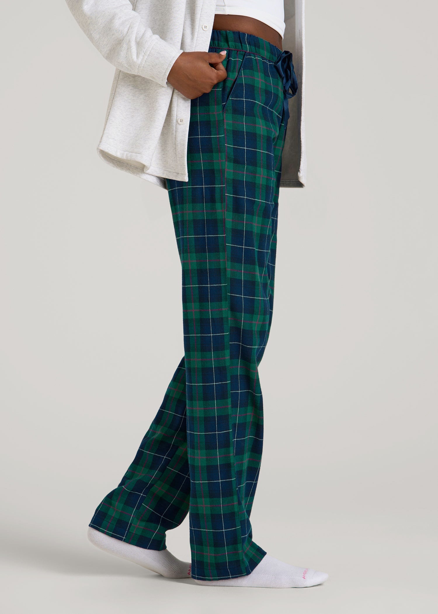 American Tall Women Tie Waist Flannel Pajama Pants for Tall Women in Green and Blue Plaid