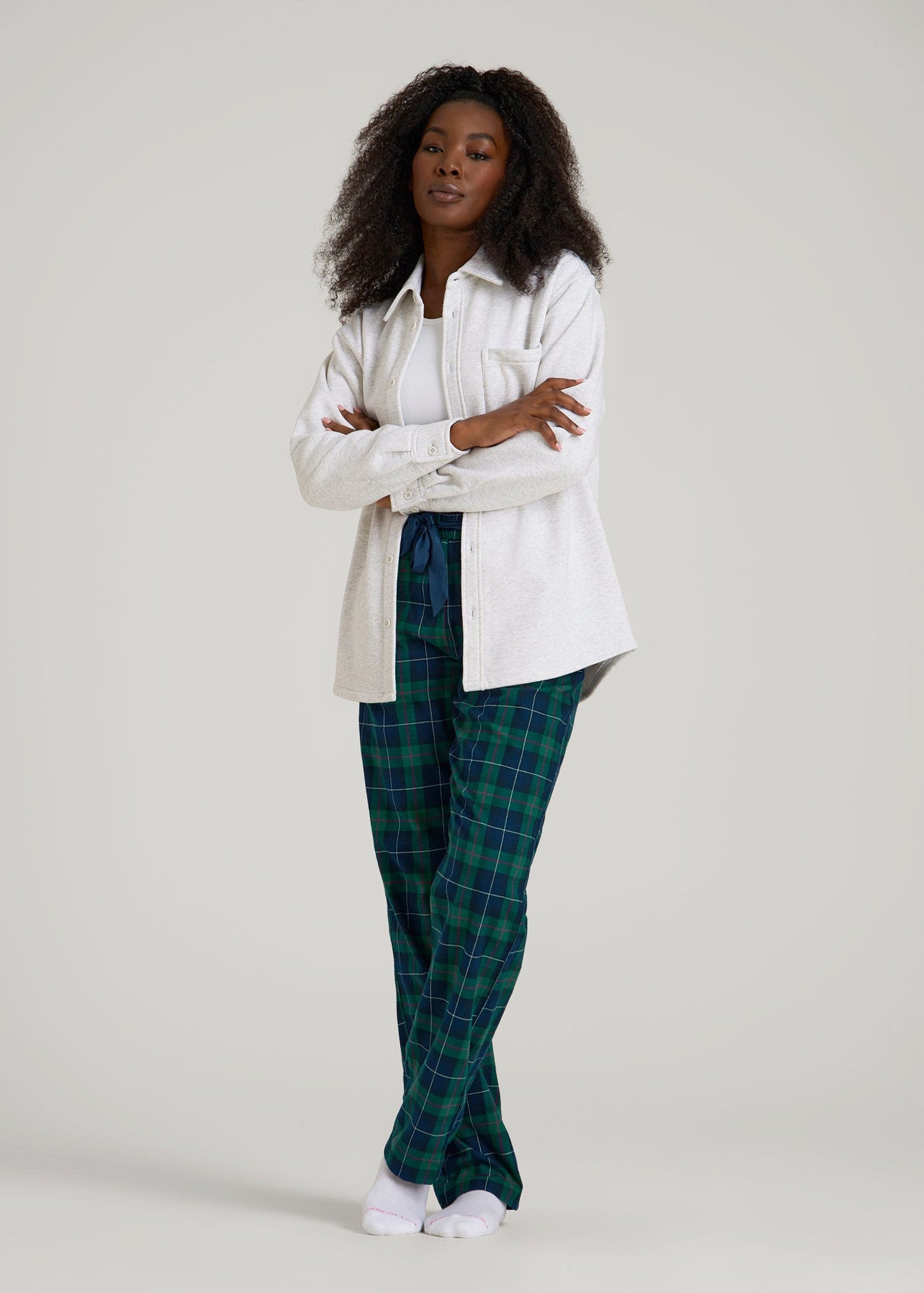 American Tall Women Tie Waist Flannel Pajama Pants for Tall Women in Green and Blue Plaid