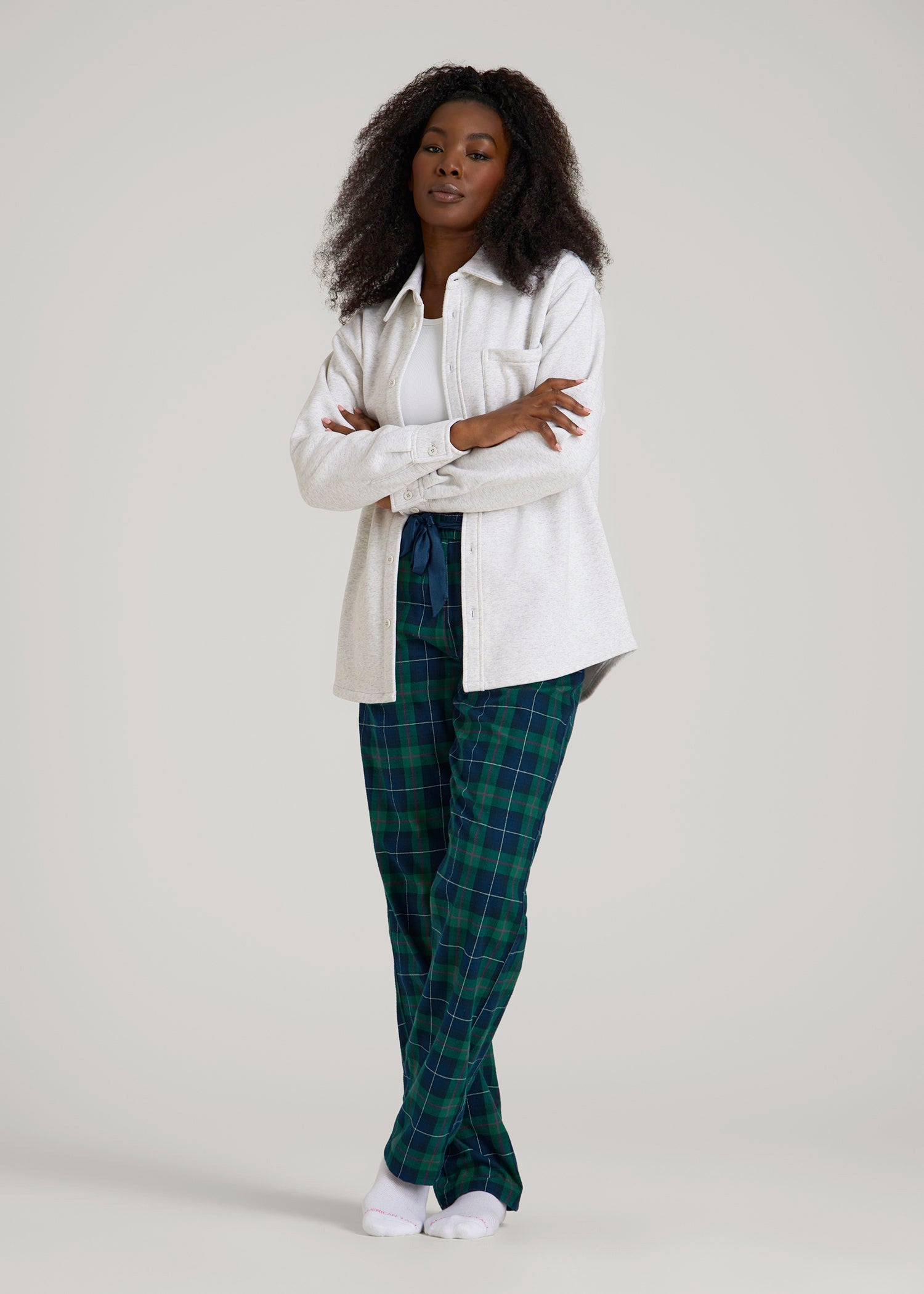 American Tall Women Tie Waist Flannel Pajama Pants for Tall Women in Green and Blue Plaid