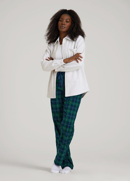 American Tall Women Tie Waist Flannel Pajama Pants for Tall Women in Green and Blue Plaid