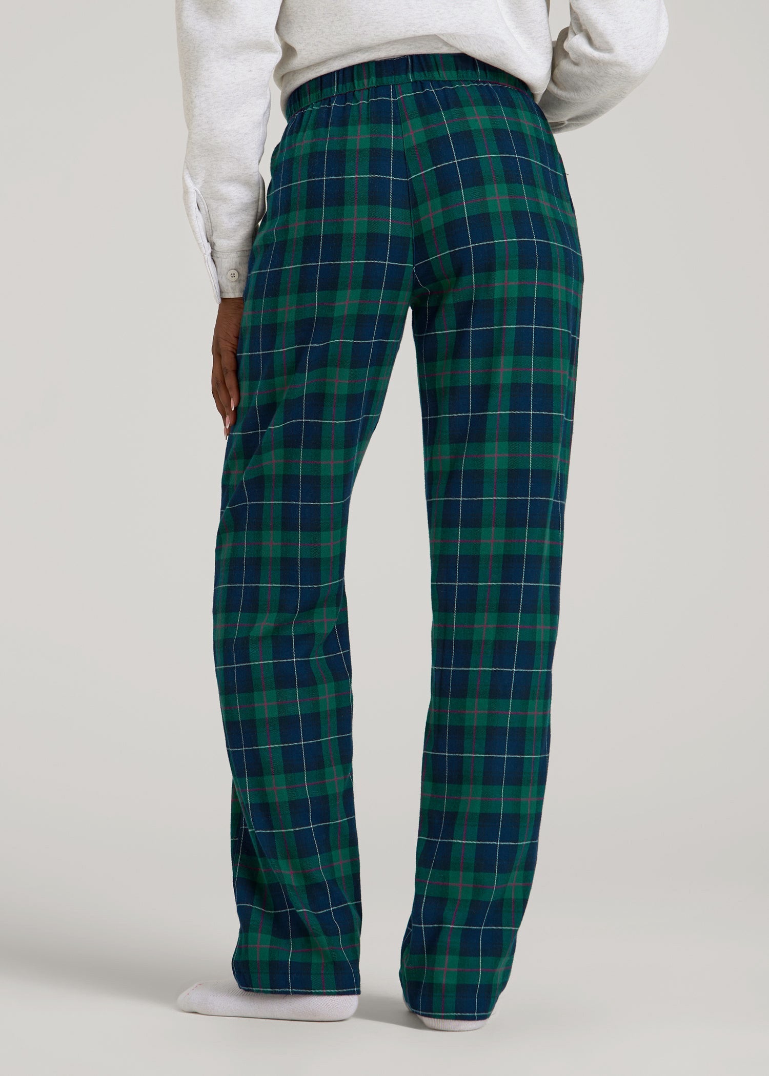 American Tall Women Tie Waist Flannel Pajama Pants for Tall Women in Green and Blue Plaid