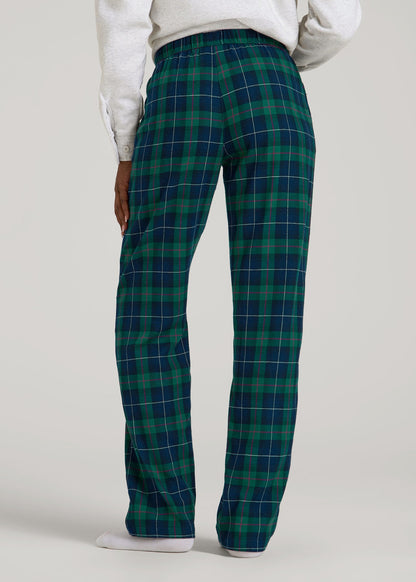 American Tall Women Tie Waist Flannel Pajama Pants for Tall Women in Green and Blue Plaid
