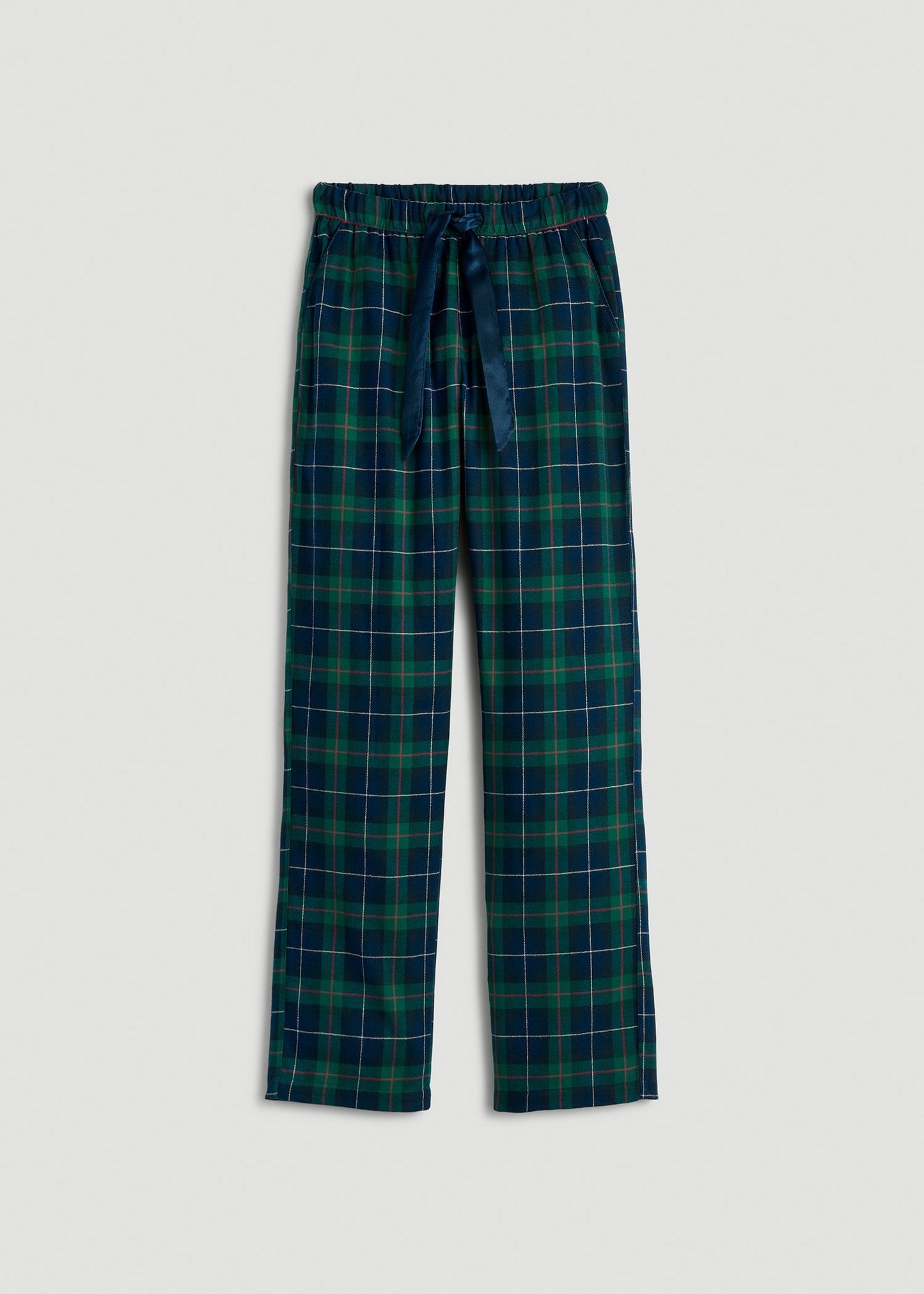 American Tall Women Tie Waist Flannel Pajama Pants for Tall Women in Green and Blue Plaid
