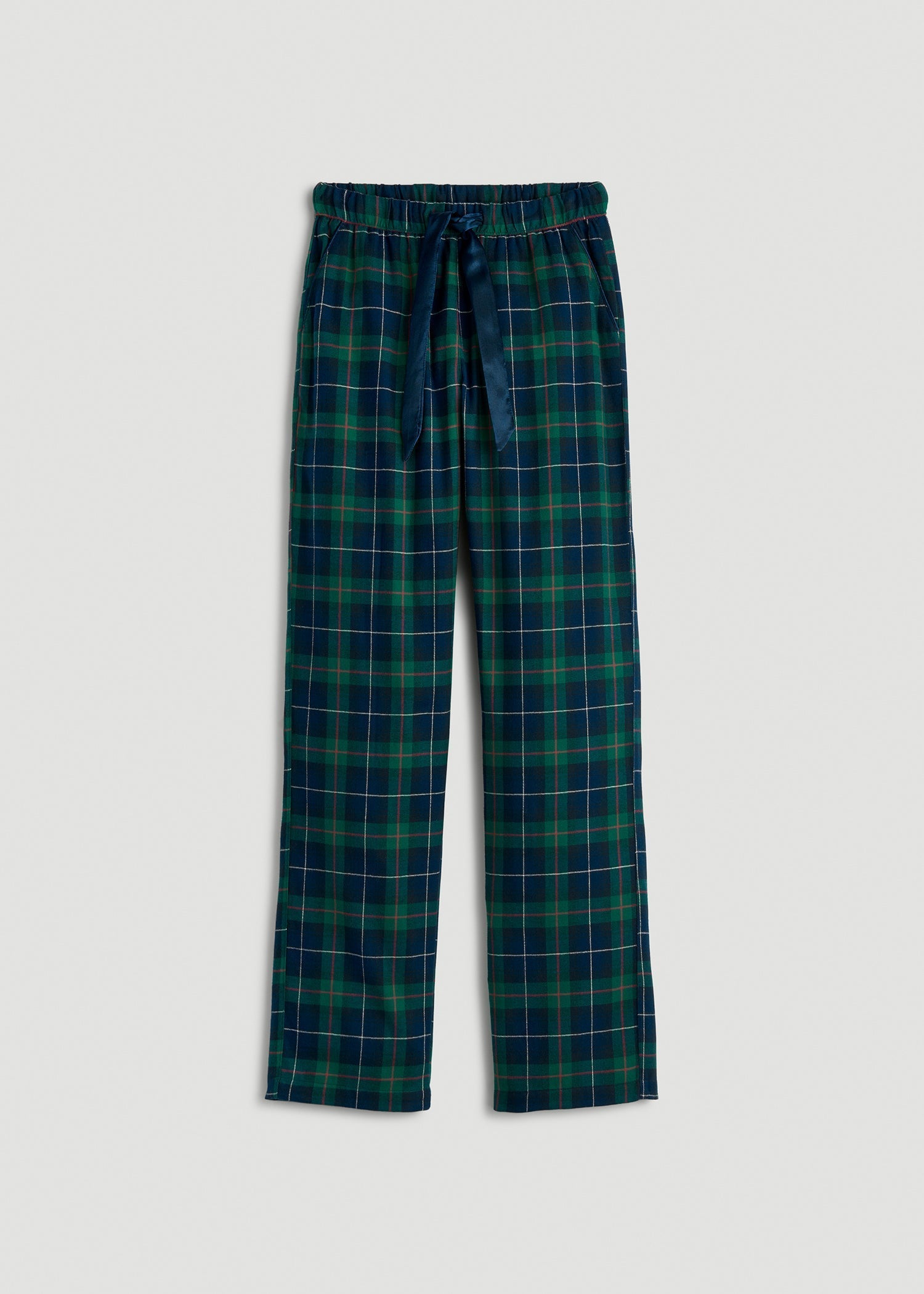 American Tall Women Tie Waist Flannel Pajama Pants for Tall Women in Green and Blue Plaid