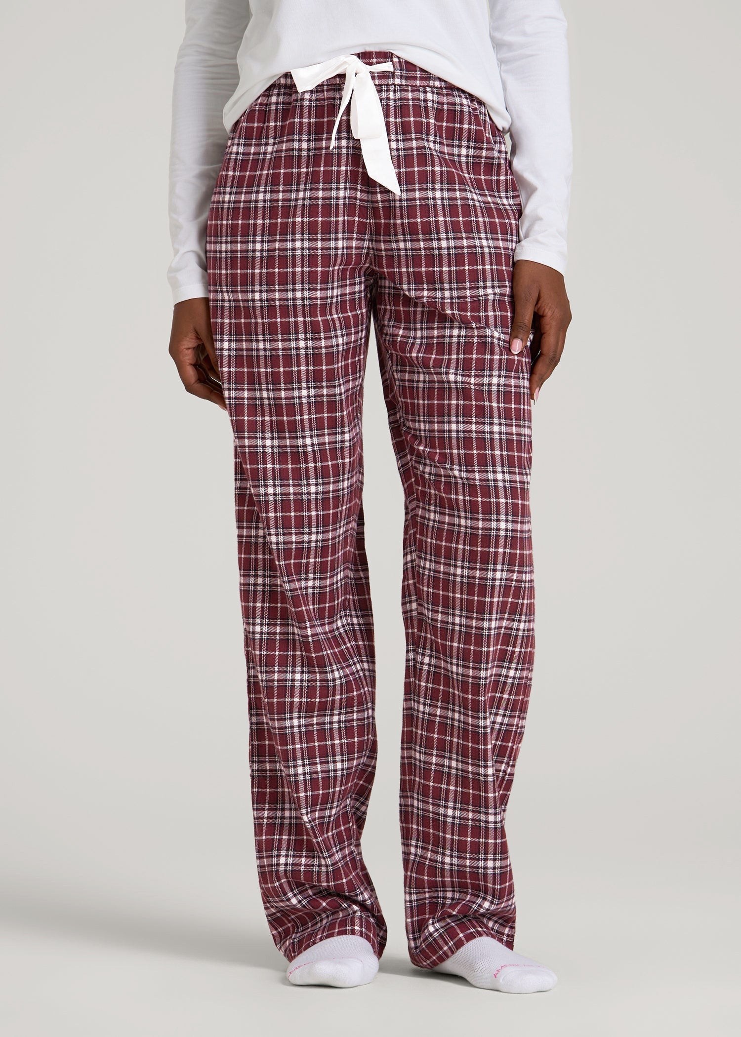 American Tall Women Tie Waist Flannel Pajama Pants for Tall Women in Wine and Grey Lilac Plaid