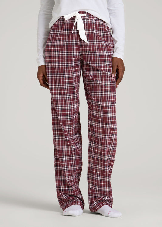 American Tall Women Tie Waist Flannel Pajama Pants for Tall Women in Wine and Grey Lilac Plaid