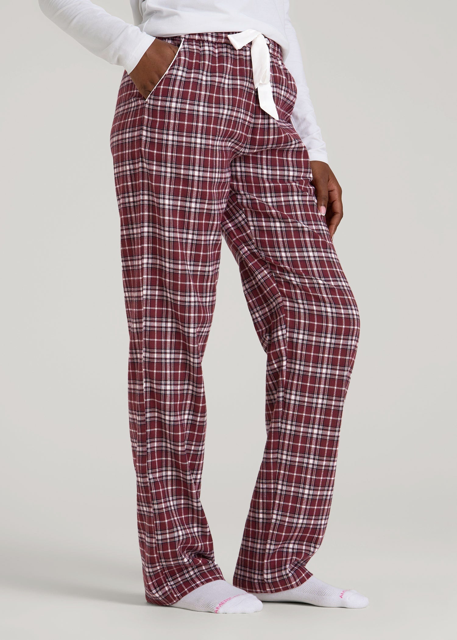 American Tall Women Tie Waist Flannel Pajama Pants for Tall Women in Wine and Grey Lilac Plaid