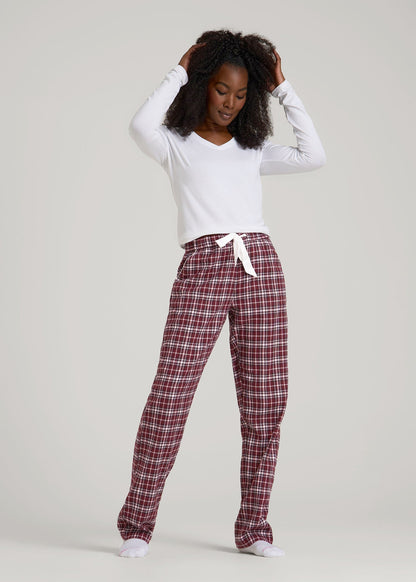 American Tall Women Tie Waist Flannel Pajama Pants for Tall Women in Wine and Grey Lilac Plaid