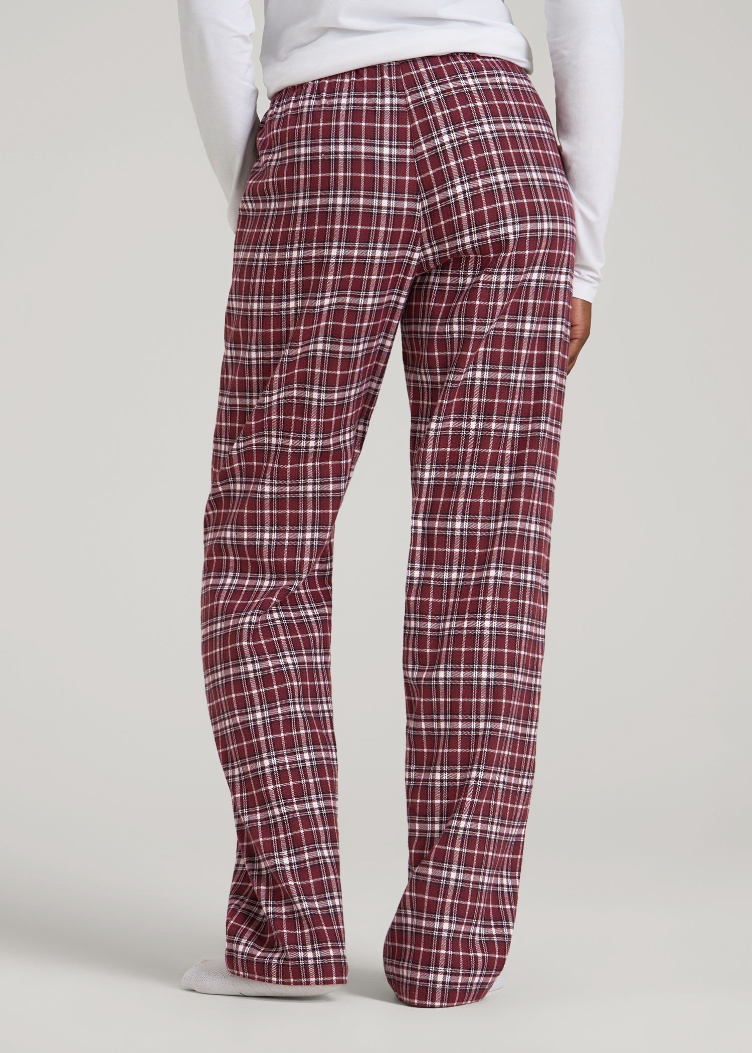American Tall Women Tie Waist Flannel Pajama Pants for Tall Women in Wine and Grey Lilac Plaid