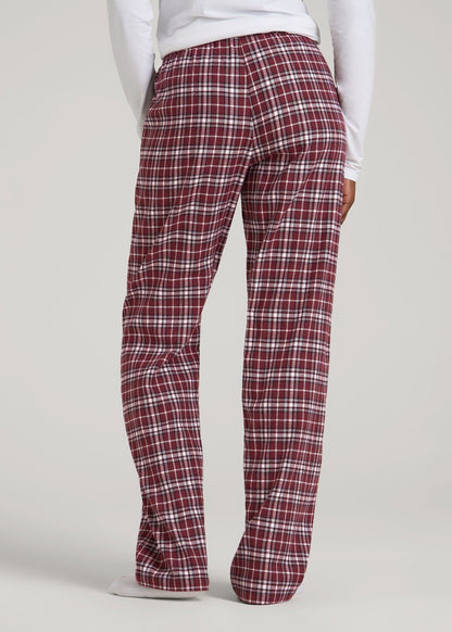 American Tall Women Tie Waist Flannel Pajama Pants for Tall Women in Wine and Grey Lilac Plaid
