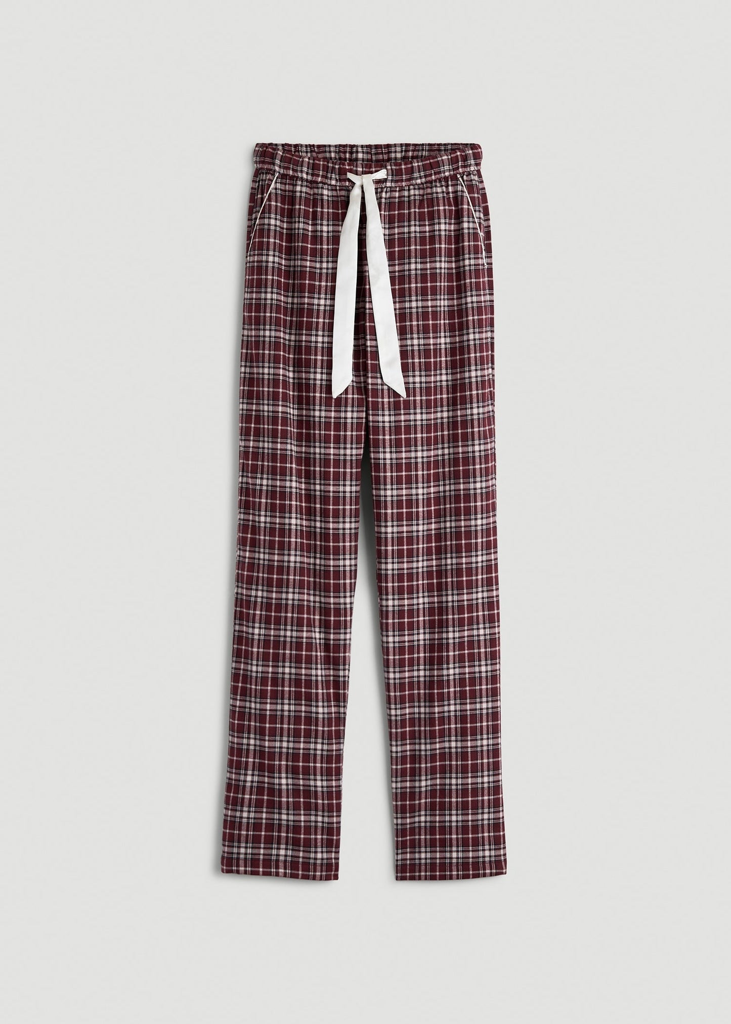American Tall Women Tie Waist Flannel Pajama Pants for Tall Women in Wine and Grey Lilac Plaid