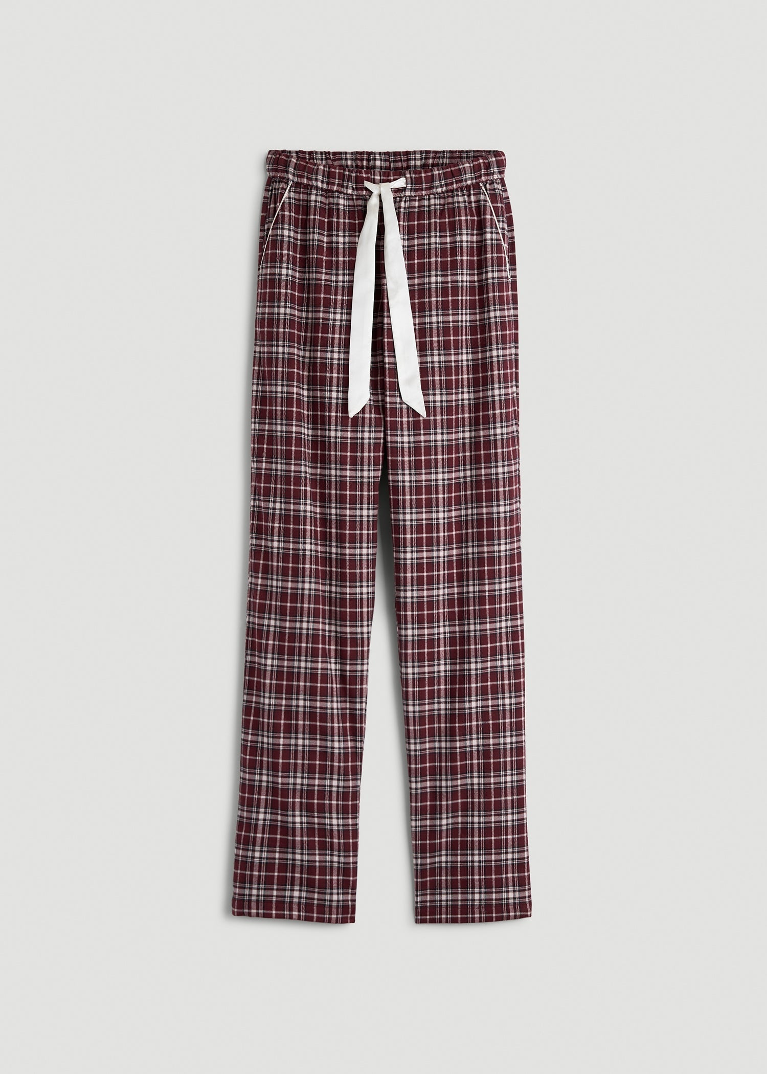 American Tall Women Tie Waist Flannel Pajama Pants for Tall Women in Wine and Grey Lilac Plaid