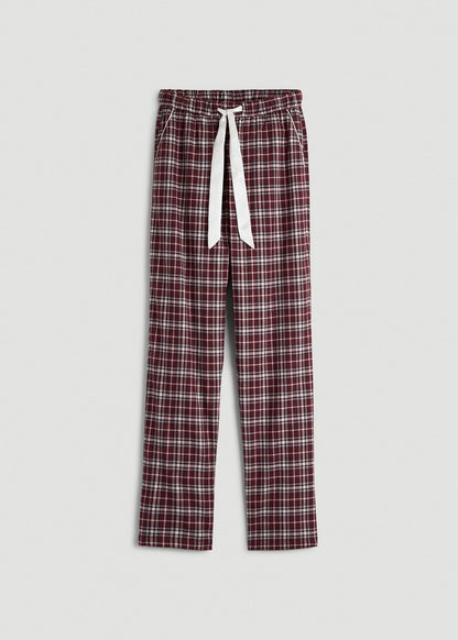 American Tall Women Tie Waist Flannel Pajama Pants for Tall Women in Wine and Grey Lilac Plaid