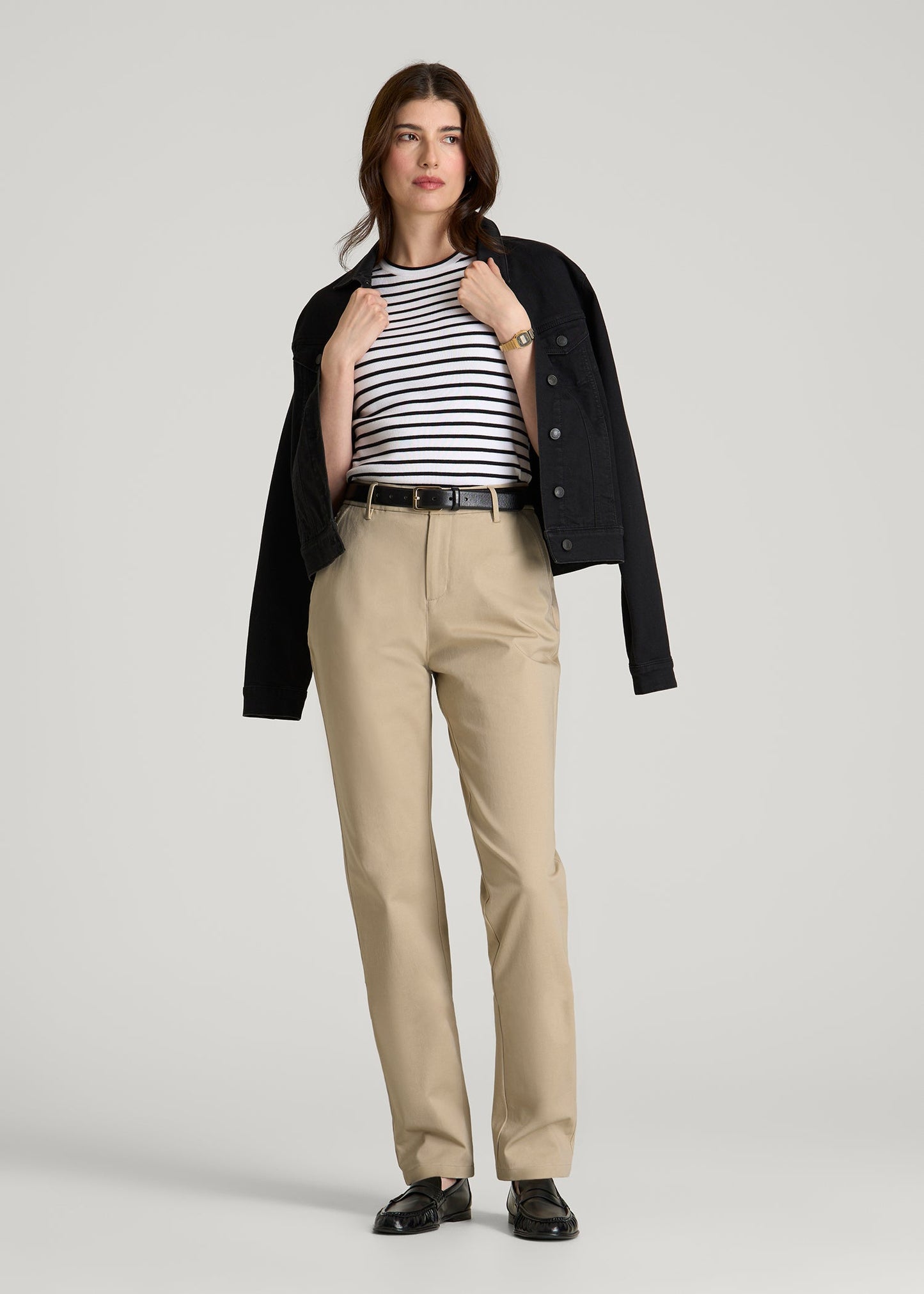American Tall Women Stretch Commuter Tapered Fit Chino Pants for Tall Women in Warm Taupe