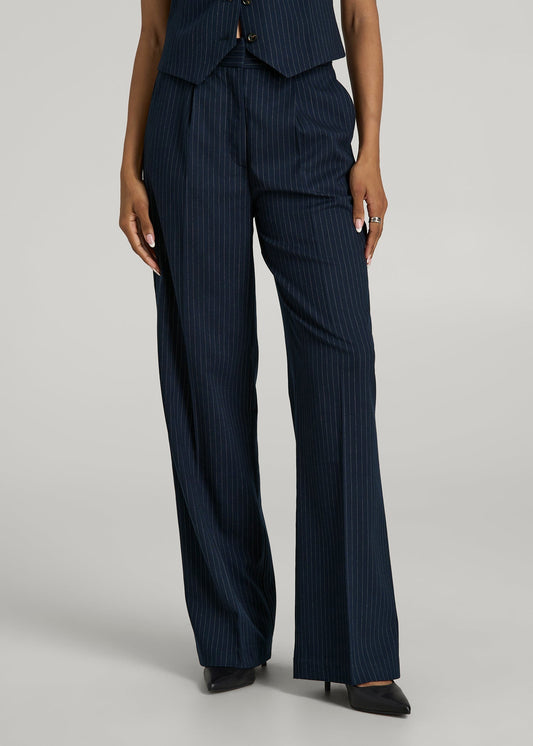 American Tall Women High-Rise Wide-Leg Pleated Dress Pants for Tall Women in Navy Pinstripe