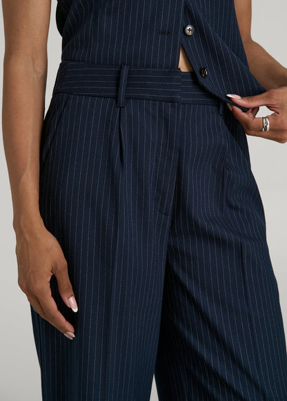 American Tall Women High-Rise Wide-Leg Pleated Dress Pants for Tall Women in Navy Pinstripe